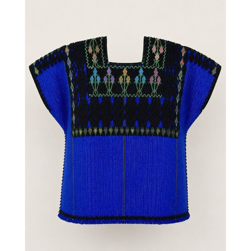 Authentic Handmade Chenalhó Huipil Blouse Blue Floral Embroidered Chiapas Mexico